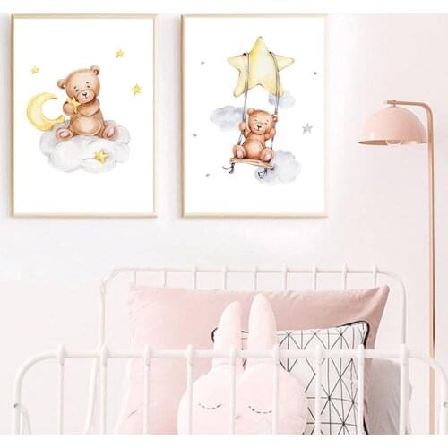 Abstract Bear Animal Wall Art Poster Moon Star Cloud Art Print Swing Canvas Painting Baby Nursery Picture Nordic Kids Room Decor
