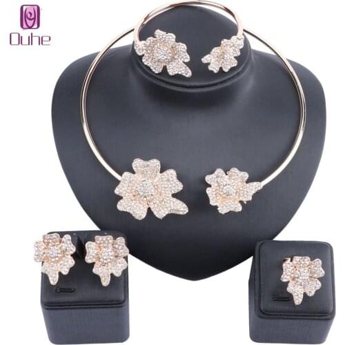 Latest Best Quality Flower Jewelry Dubai Gold Color Jewelry sets African Beads Crystal Necklace Earring Bangle Ring Jewellery