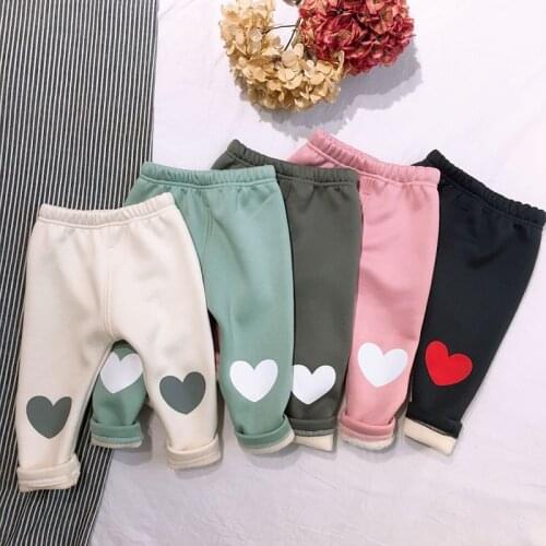 0-5Y Winter Newborn Baby Girls Pants Thicken Velvet Leggings Elastic Waist Heart Print Toddler Bottoms