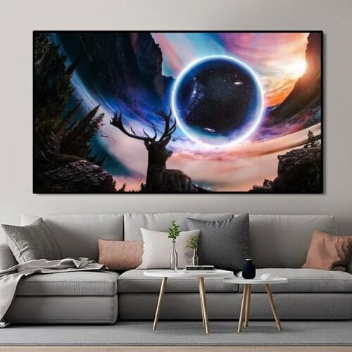 Fantasy Starry Sky and Planet Posters and Prints Wall Art Canvas Painting Sunset and Elk Picture for Living Room Home Decoration