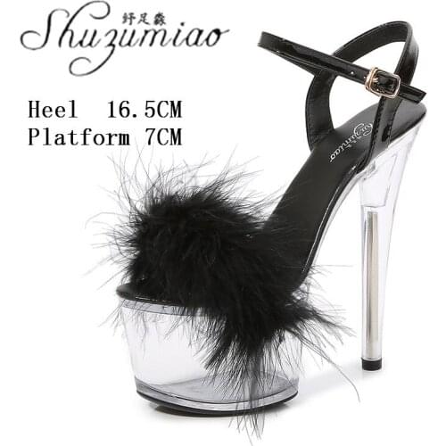 Transparent Sexy Party Club Catwalk Model Women Furry Pole Dancing Shoes 17 CM Clear Crystal Platform Super High Heel Sandals