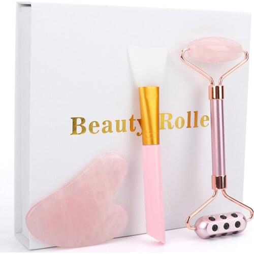 Rose Quartz Roller Massager Germanium Grain Facial Jade Roller Jade Stone Guasha Board Eye Cream Stick Brush Beauty Care Kit