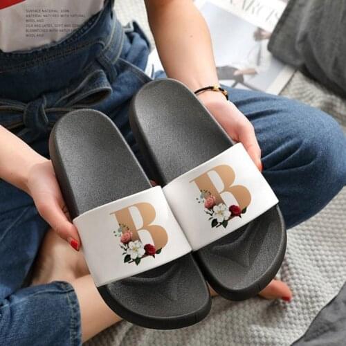 Shoes For Women Summer 26 Letters of the Alphabet Flower Print Ladies Slippers Cartoon Pattern Beach Slides Home Flip Flops