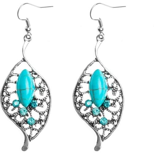 SHUANGR 1 Pair New Fashion Girls Ethnic Trend Hollow Natural Stone Leaves Shape silver color Earrings