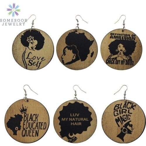 SOMESOOR African Woman Natural Hair Wood Drop Earrings Carved Black Girl Magic Educated Queen Afro Ethnic Ambition As Gift 6Pair