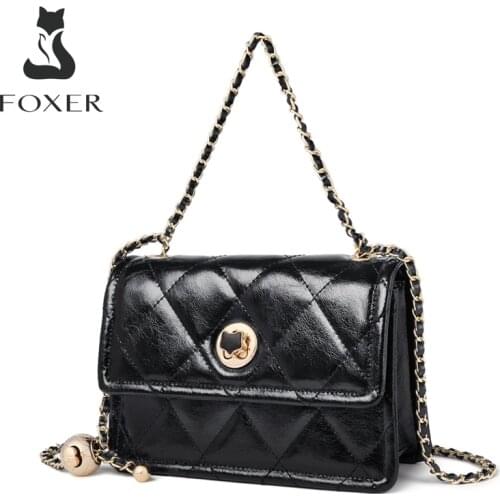 FOXER Summer Ladies Soft Leather Plaid Shoulder Bag Fashion Casual Messenger Bag High Quality Adjustable Chain Small Square Bag