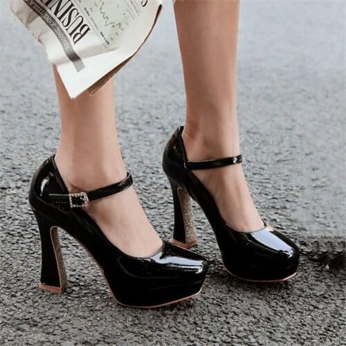 2020 Spring Fashion Womens Shoes Platform Pumps Square Toe Patent Leather Ankle Strap High Heels Bling Bling Dress Pumps Size 10