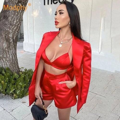 High Street Autumn New Red Sexy V Neck Full Sleeves 3 Pieces Set blazer +Top + Skirt Elegant Women Sets Celebrity Party Fashion