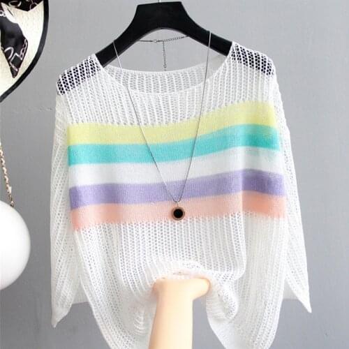 2020 New Summer Pullover Women Knitted Tops Hollow Out Female Sweaters O-neck Striped Loose Knitting Shirt