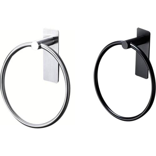 2 Pcs Towel Ring/Hand Towel Holder - Self Adhesive Round Towel Rack Hand Towel Bar For Bathroom, Silver & Black