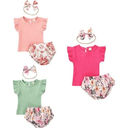2020 Brand Cute baby Girl Clothes Ruffles Sleeveless Top+Floral Print Shorts +Headband 3pcs Size 0-24M