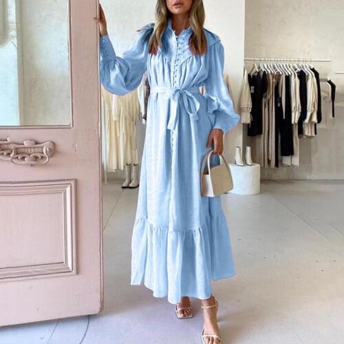 Fashion Designer 2021 Autumn Dress Women Pink Blue Long Sleeve Single Breasted Belt Elegant Long Dresses