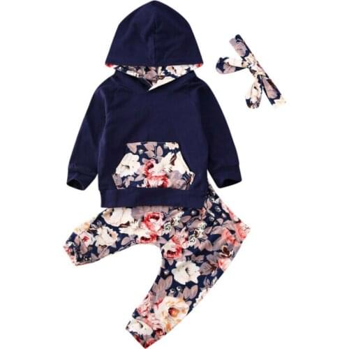 New Toddler Baby Girl Kid Clothes Flower Hood Top + Pants + Headband Outfits 3PCS Set