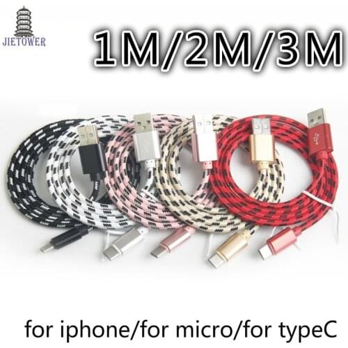 300pcs/lot 1m 2m 3m Braided Micro typeC 8pin USB Charger Cable Fabric Data Sync Lead cable for samsung/iphone type C wholesale