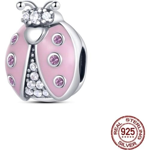 HOT SALE 100% 925 Sterling Silver Pink Ladybug Beaded Dangle Charm Beads Fit Original Pandora Bracelet Pendant Necklace Jewelry