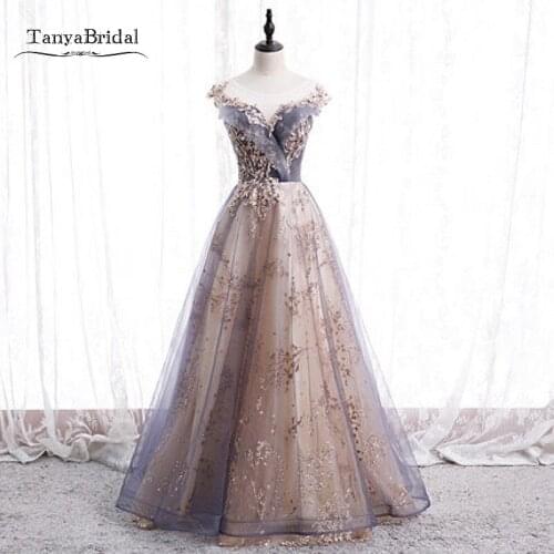 Fashion Sequins Long Gray Prom Dresses Lace Up Back Illusion Neck Size 2 - 12 Real Evening Prom Gown JQ750