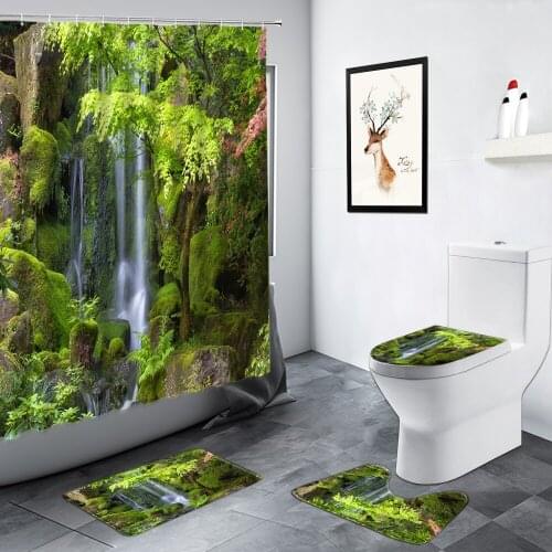 Forest Waterfall Shower Curtain Green Trees Spring Jungle Scenery Decor Bathroom Foot Mat Non-slip Carpet Toilet Bath Mats Sets