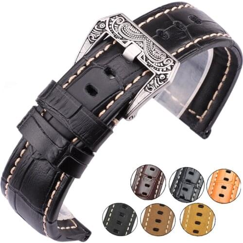 Italy Genuine Leather Watch Band Strap 22mm 24mm Thick Handmade Soft Cowhide Watchbands Belt With Retro Steel Buckle for Panerai