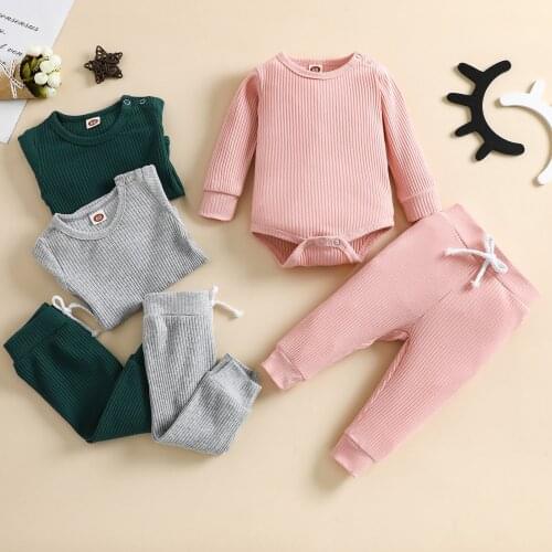 Autumn Newborn Baby Girl Boy Clothes Set Ribbed Long Sleeve Romper Pants 2Pcs Toddler Infant Casual Outfit New Born Clothing