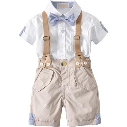 Handsome boys 1-4 Years Suit Summer 4pcs set T-shirt+strap+Shorts+Tie Kids Clothes Toddler Children Fashion Suit