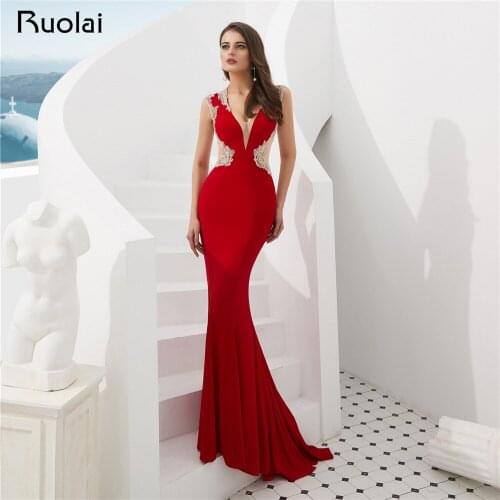 Red Evening Dress 2019 V-Neck Mermaid Evening Gown Shiny Beaded Prom Dress Long Sheer Back Party Wear Vestido de Fietsa SN8