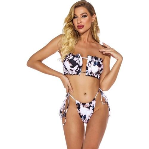Bikini swimsuit sexy bra lace up cow tie dye printed split swimsuit womens Bikini swimwear women zaful biquini mayo romwe