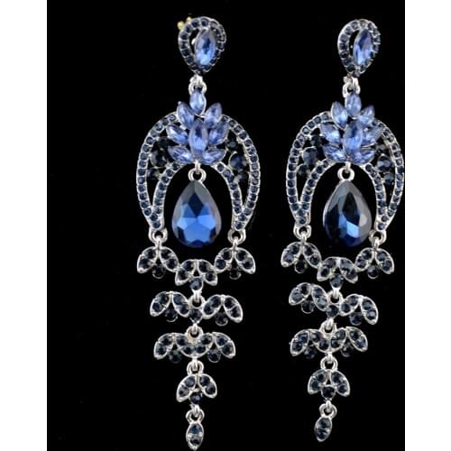 Fashion popular silver color Flower Shape Rhinestone Blue Black leaves Long Dangle Earrings for Women Gift wedding Party Jewelry