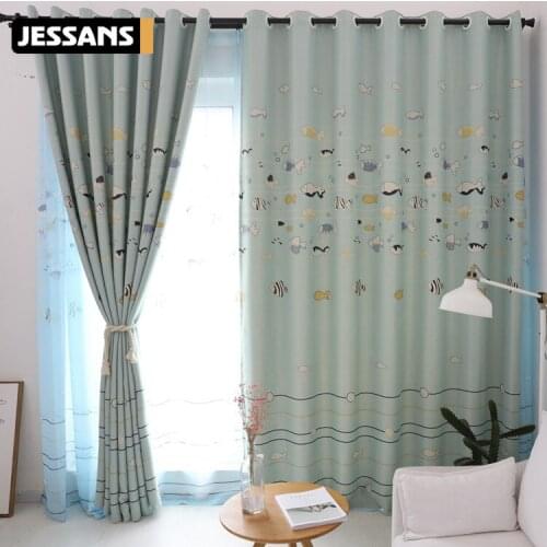 Cartoon Blue Fish Patterns Curtains for Living Room Shading French Window Curtains for Bedroom Children Room