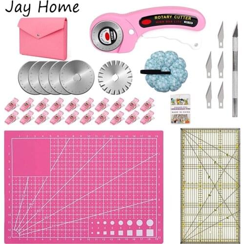 32PCS Rotary Cutter Set 45mm Fabric Cutter Set with 6 Blades & A4 Cutting Mat & Patchwork Ruler DIY Leather Sewing Accessories