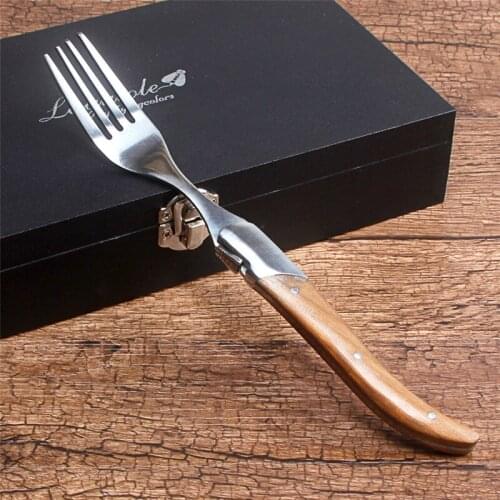 Natural Wood Handle Forks Foldable Tableware Set Stainless Steel Collapsible Dinner Steak Fork With Gift Box Dinnerware 6pcs/set