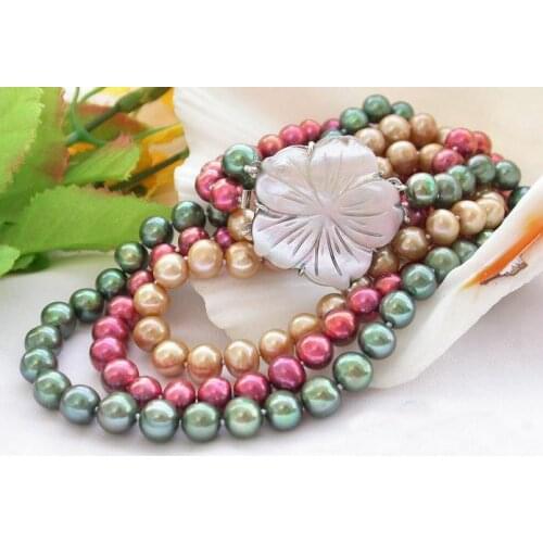 3Rows AA 8-9MM Multicolor Round Freshwater Cultured Pearl Rainbow Necklace,Perfect Women Wedding Birthday Party Gift