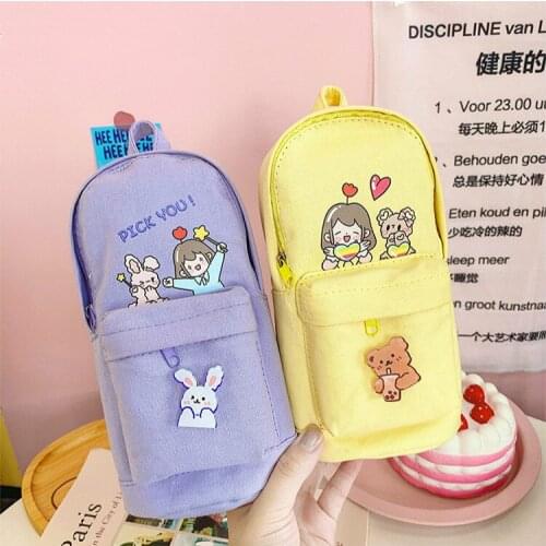 Cute Cartoon Canvas Large Capacity Pencil Bag Schoolbag Design New School Kawaii Stationery Pencilcase Pouch Bag Pen Holder Gift