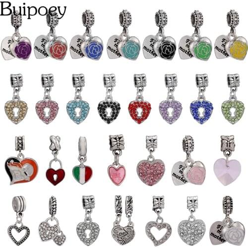 Buipoey Silver Color Pendant Colored Rose Heart Dangle Charm For Bracelets & Necklace Diy Brands Jewelrys Accessories Charms