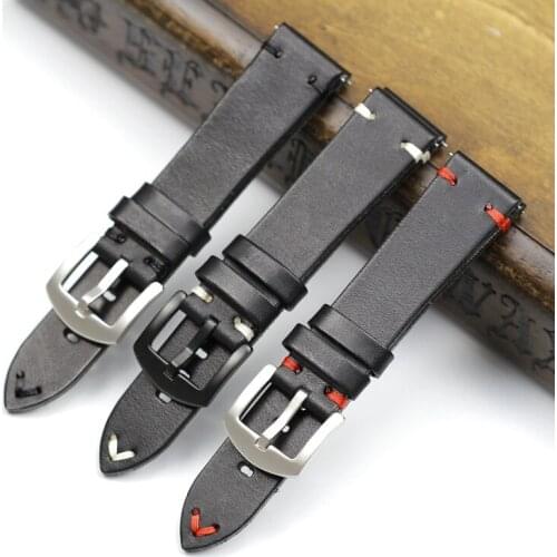 Handmade 20mm 22mm Balck with Black White Red stitches Cowhide Genuine leather Watchband For Mido DW Casual Watch Strap Belt