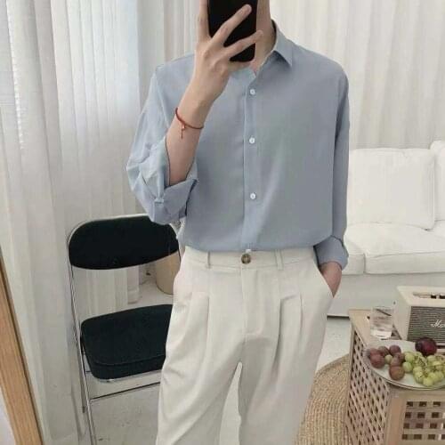 Blue Minimalist Style Shirt Mens Long Sleeve Korean Coats Fashion Loose Spring Autumn Advanced Feeling Lazy Style Casual Shirt