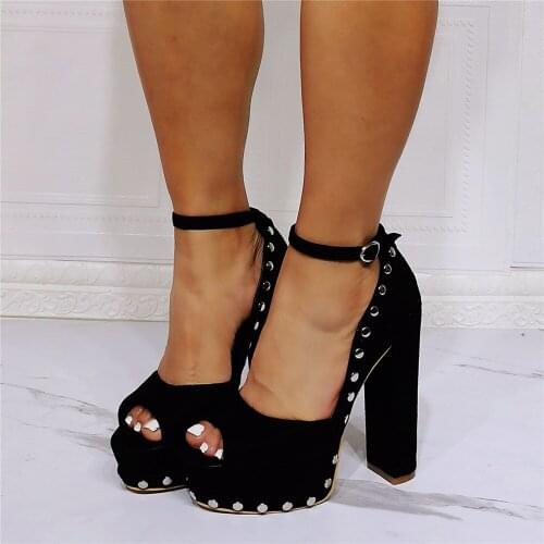 MKKHOU Fashion Sandals Womens New Summer Shoes Black Suede Rivet Fish Mouth Platform Shoes Ladies High Heels Large Size 36-47