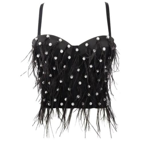 Sexy Camisole Women Costume Spaghetti Strap Crop Tops Luxury Handwork Crystal Bra Bead Feathers Tassels Lingerie Club Bralette