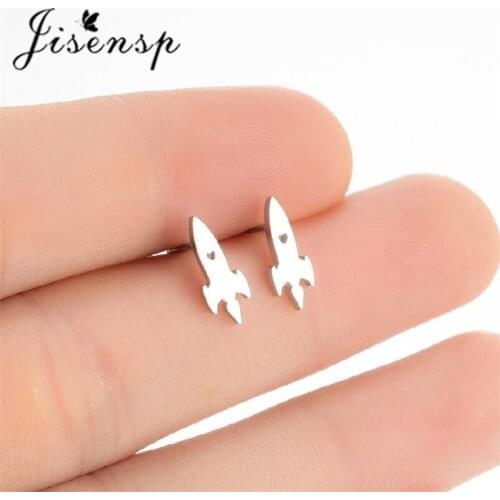 Jisensp Unique Design Spacecraft Stud Earrings Punk Universe Rocket Stainless Steel Earrings for Women Kids Fashion Jewelry