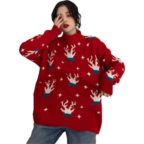 Knitwear Sweater Women Pullovers 2019 Autumn Winter New Korean Harajuku Style Loose Christmas Elk Red Turtleneck Sweater f1868