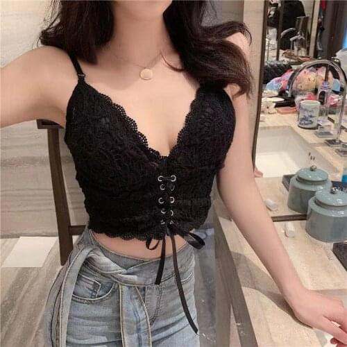 Summer Women Sexy V Neck Lace Strap Corset Tops Nightclub Solid Black Lace Up Backless Tank Top Y2k Camis Crop Top for Women