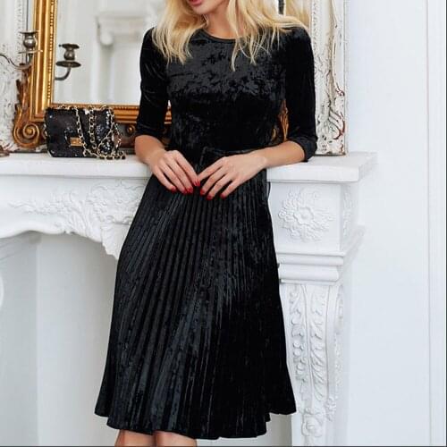 Three Quarter Sleeve Vintage Pleated DressesWomen Slim Velvet Dress Spring Fashion Party Vestidos De Women Clothing