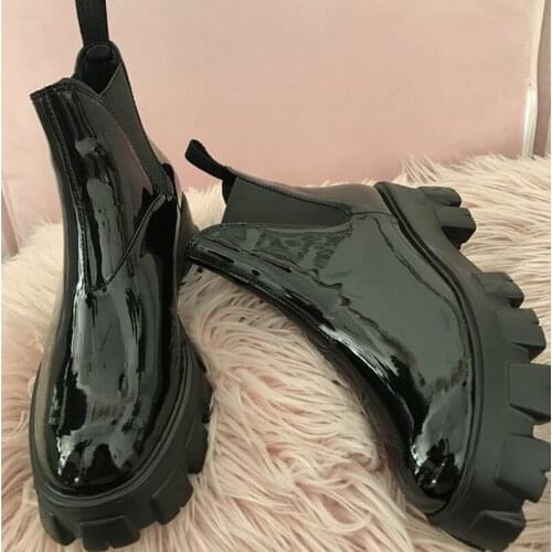 Patent&Matte leather stretch riding boots women 2021 round toe platform boots chunky high heels thicken soled ankle botas mujer