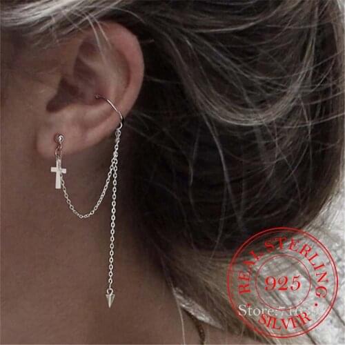1 PCS Punk 925 Sterling Silver Long Tassel Cross Stud Earrings For Women Girls Gift Pendientes Brincos Female Jewelry