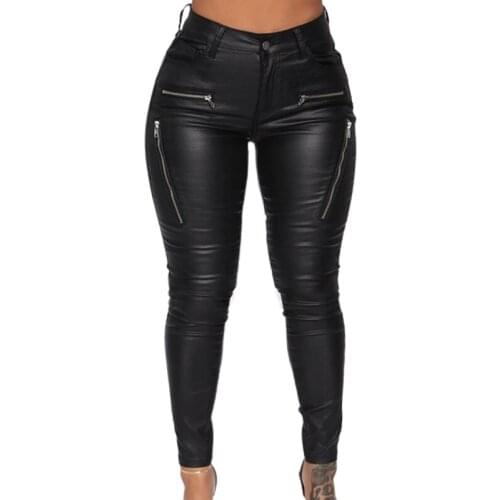 Women Sexy Faux Leather Stretch Skinny Pants Mid Rise Solid Color Leggings Fake Zipper Detail Tight Trousers with Pocket