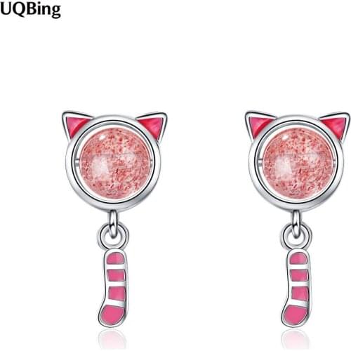 925 Sterling Silver Fashion Enamel Strawberry Crystal Cat Stud Earrings For Women Jewelry