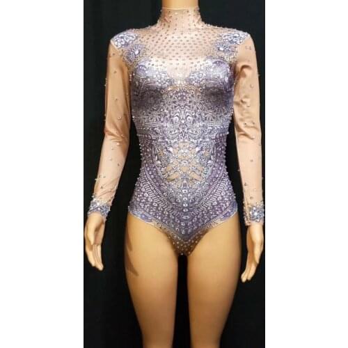Glisten Rhinestones Stretch Printed Bodysuit Women Birthday Party Evening Celebrate Outfit Women Singer Dance Stage Wear DJ1001