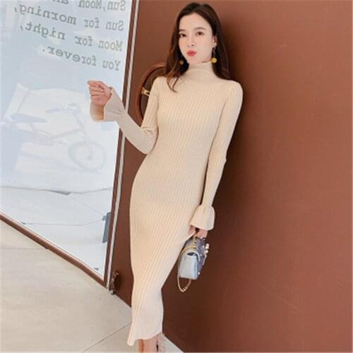 Spring Autumn New Women Knit Dress Slim Flare Sleeve Womens Long Dresses Turtleneck Knit Sweater Dress Elegant Base Pullover