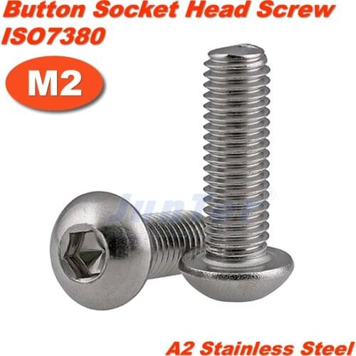 100pcs/lot M2(2mm) A2 Stainless Steel Hexagon Socket Button Head Screws ISO7380