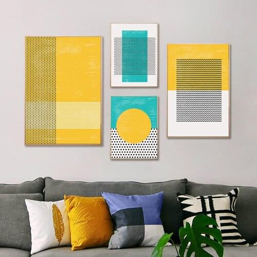 Abstract Vinatge Red Yellow Geometric Canvas Painting Modern Green Line Shape Wall Art Poster Picture for Living Room Home Decor