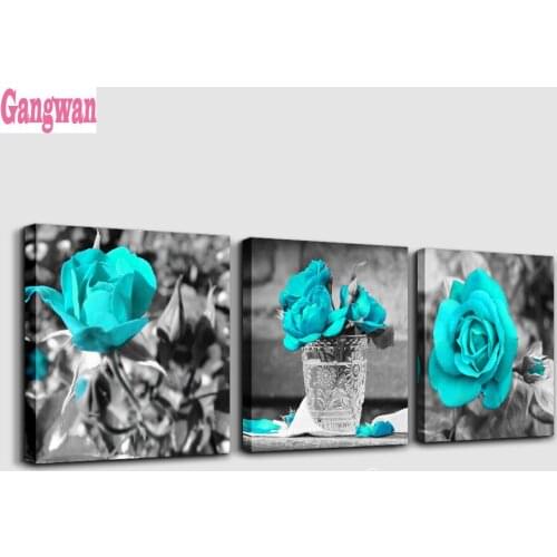 Black and White Blue Rose Flowers 5d round Daimond Embroidery diamond painting full Square drill cross stitch mosaic 3 pcs set